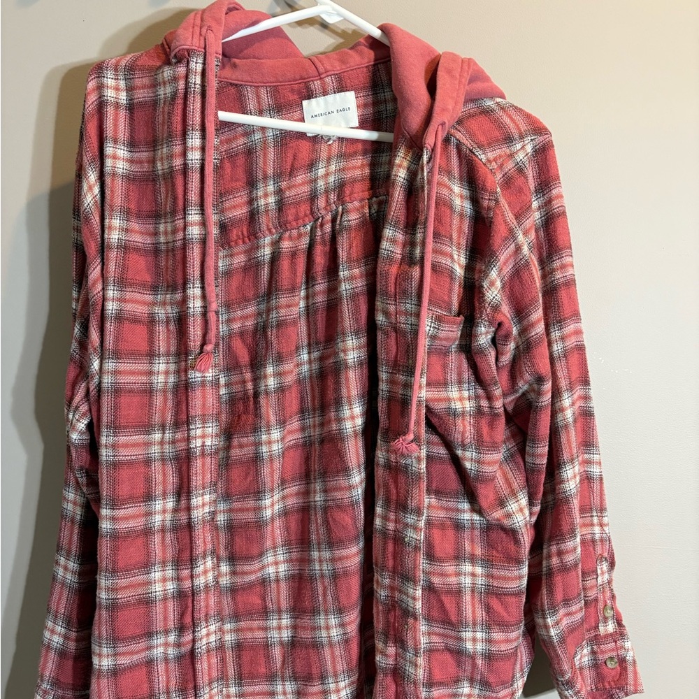 American Eagle Outfitters Pink Plaid Hooded Flannel Shirt